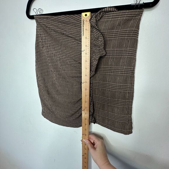 Mango Brown Plaid Checkerboard Mix Fabric Side Ruffle ALine Back Zip Skirt Med - Picture 9 of 11